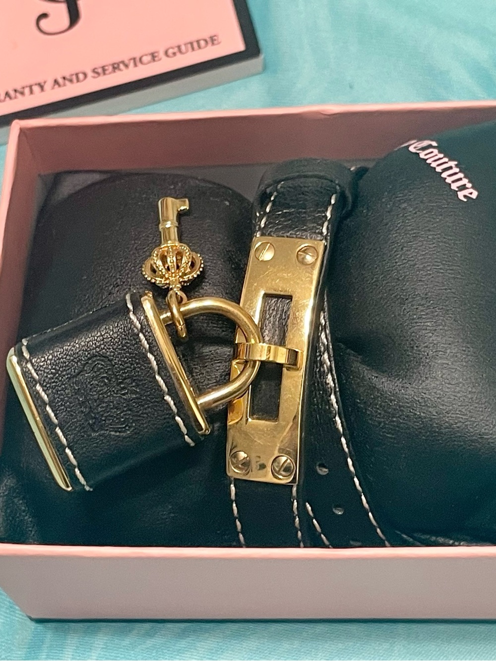 Juicy Couture Black Leather Pad Lock Watch w/Key Charm NWOT